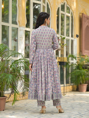 ESHANI Grey Floral Print Cotton Anarkali Kurta Trouser with Dupatta Set