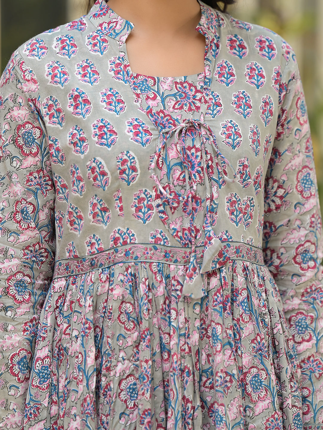 ESHANI Grey Floral Print Cotton Anarkali Kurta Trouser with Dupatta Set