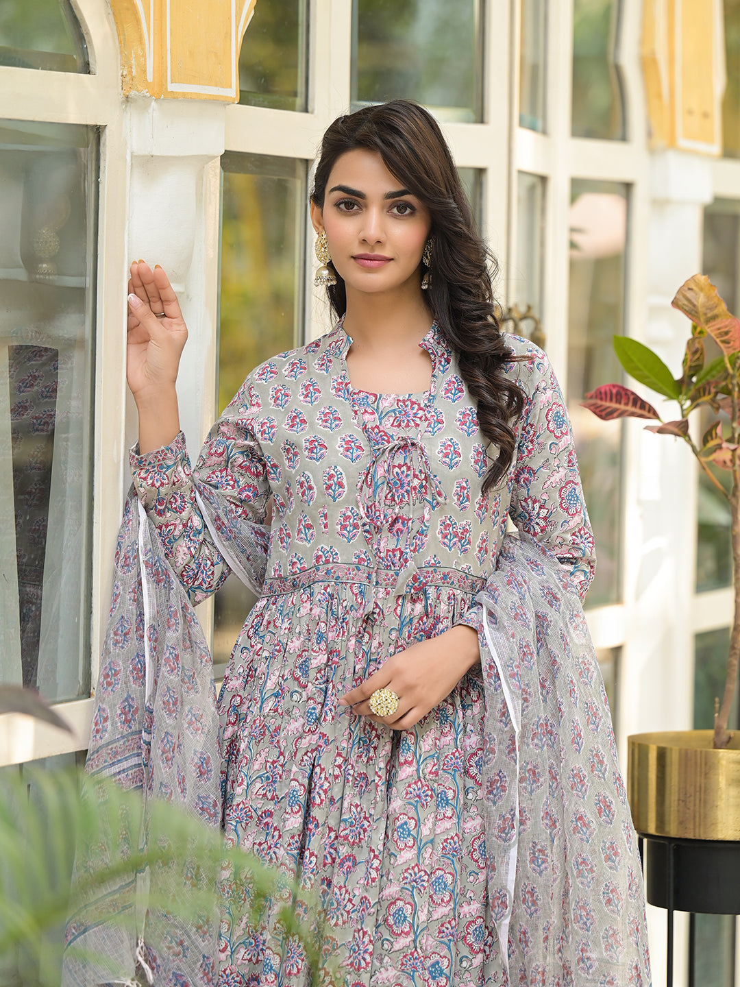 ESHANI Grey Floral Print Cotton Anarkali Kurta Trouser with Dupatta Set
