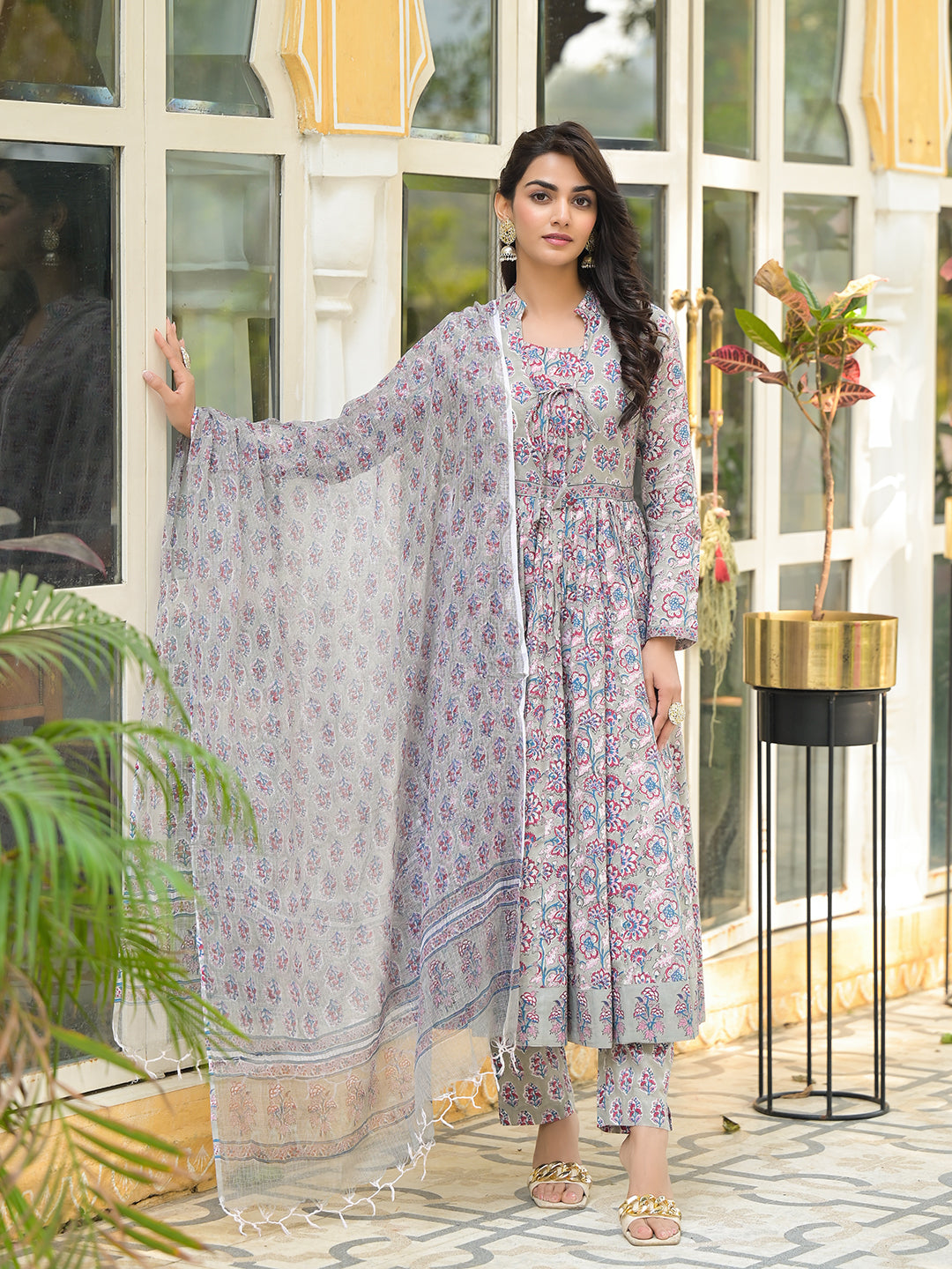 ESHANI Grey Floral Print Cotton Anarkali Kurta Trouser with Dupatta Set