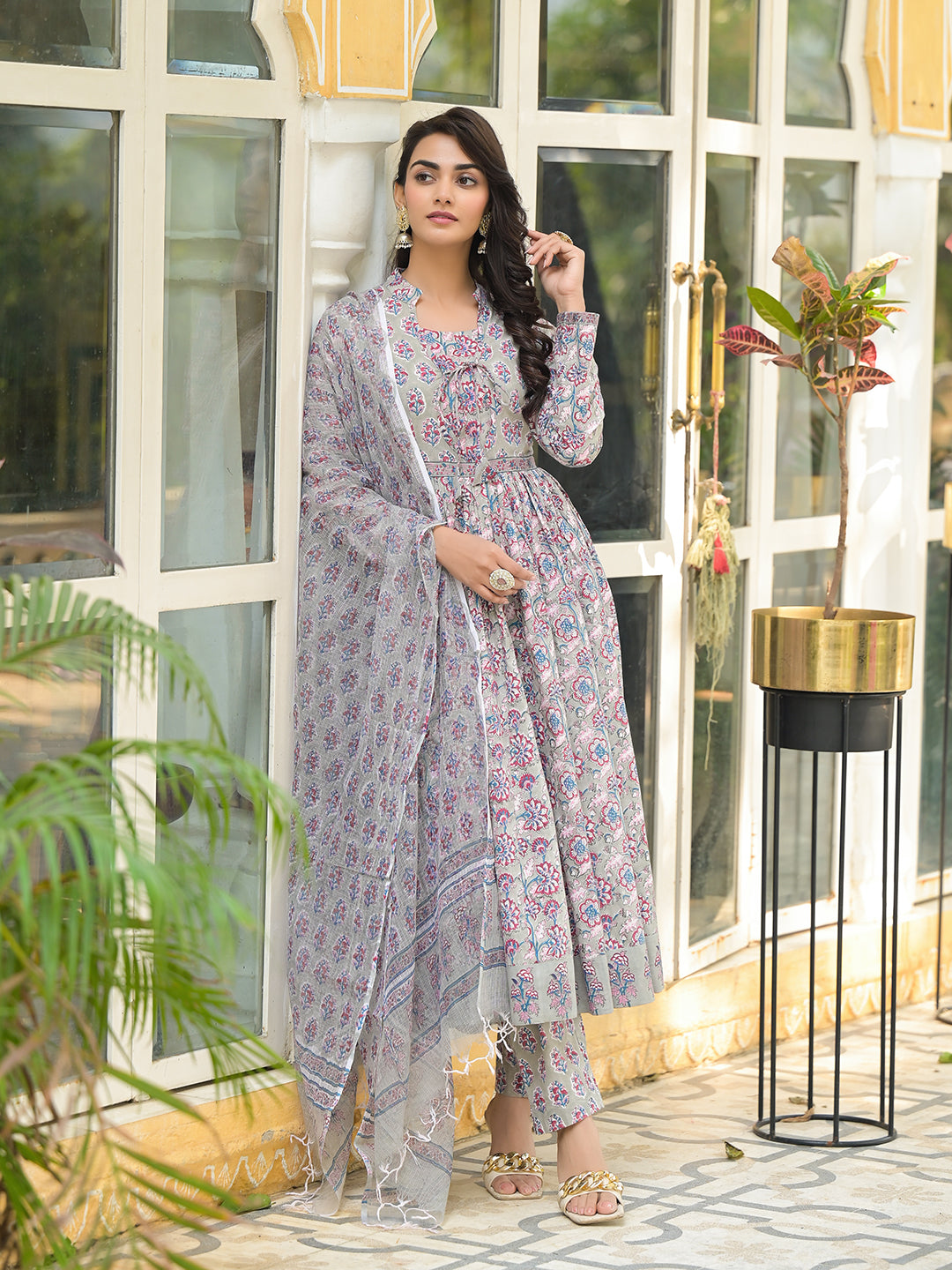 ESHANI Grey Floral Print Cotton Anarkali Kurta Trouser with Dupatta Set