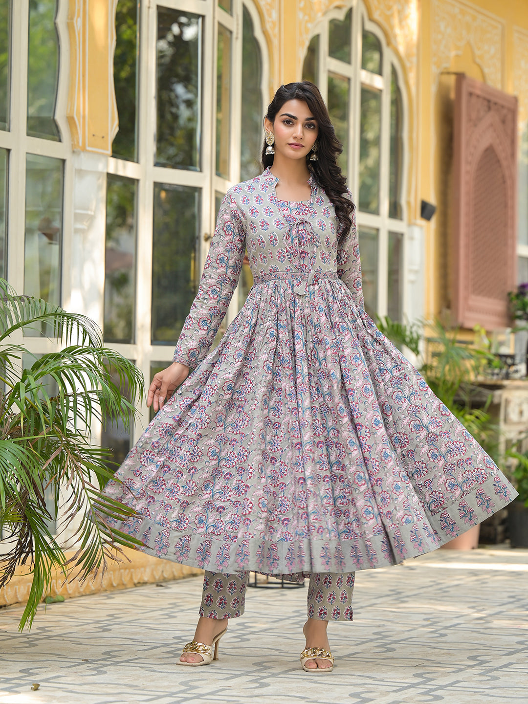ESHANI Grey Floral Print Cotton Anarkali Kurta Trouser with Dupatta Set