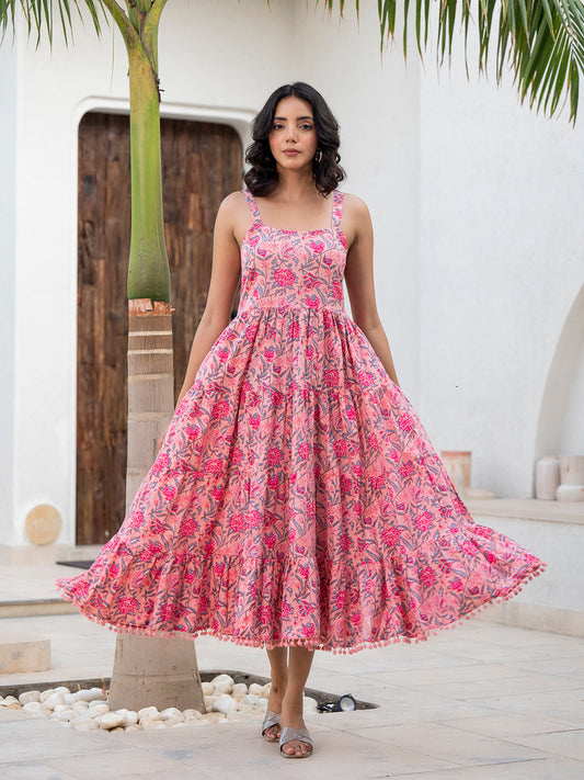 Eshani Pink Floral Printed Shoulder Strip Calf Long Ethnic Dress for Women