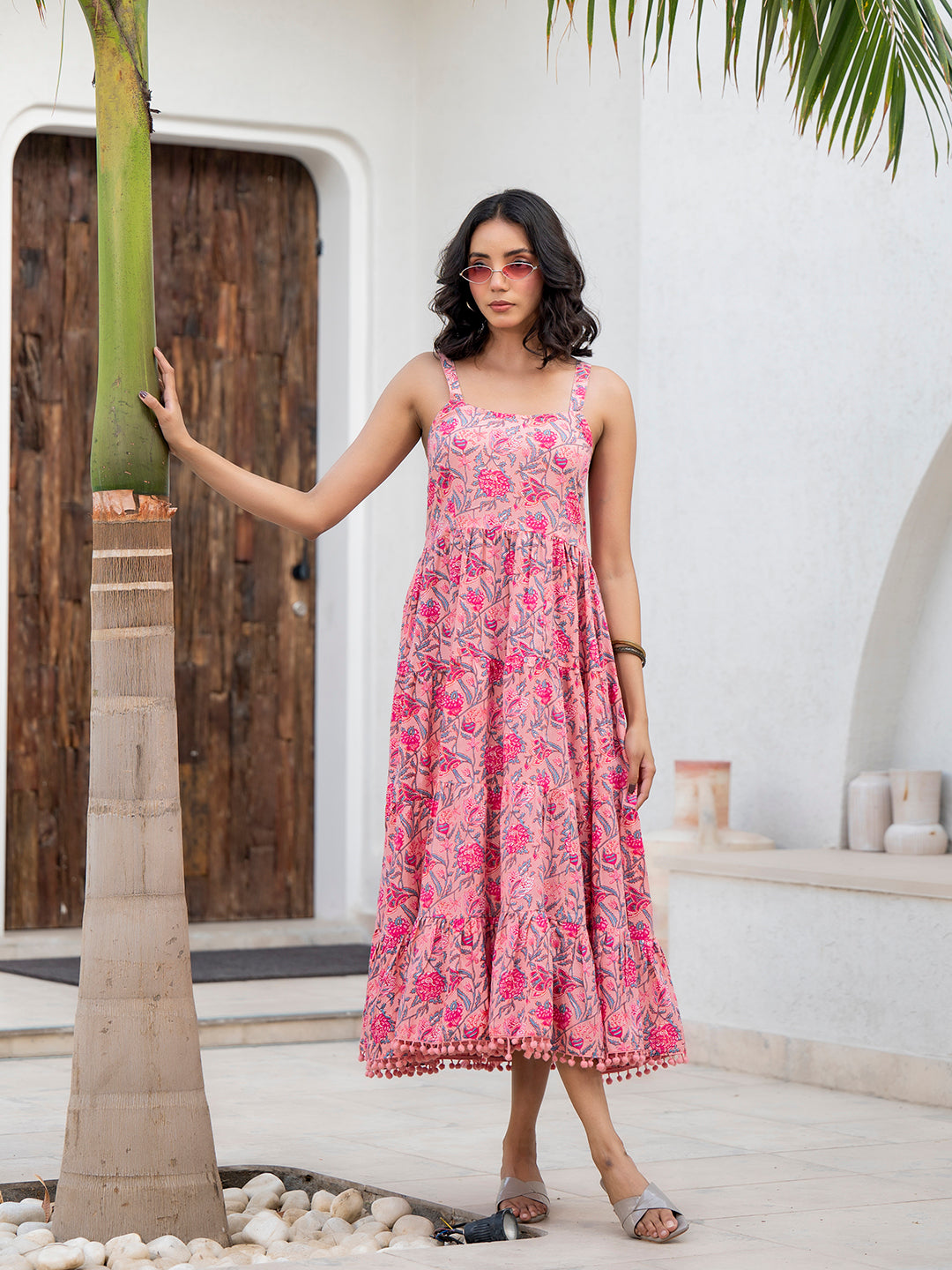 Eshani Pink Floral Printed Shoulder Strip Calf Long Ethnic Dress for Women