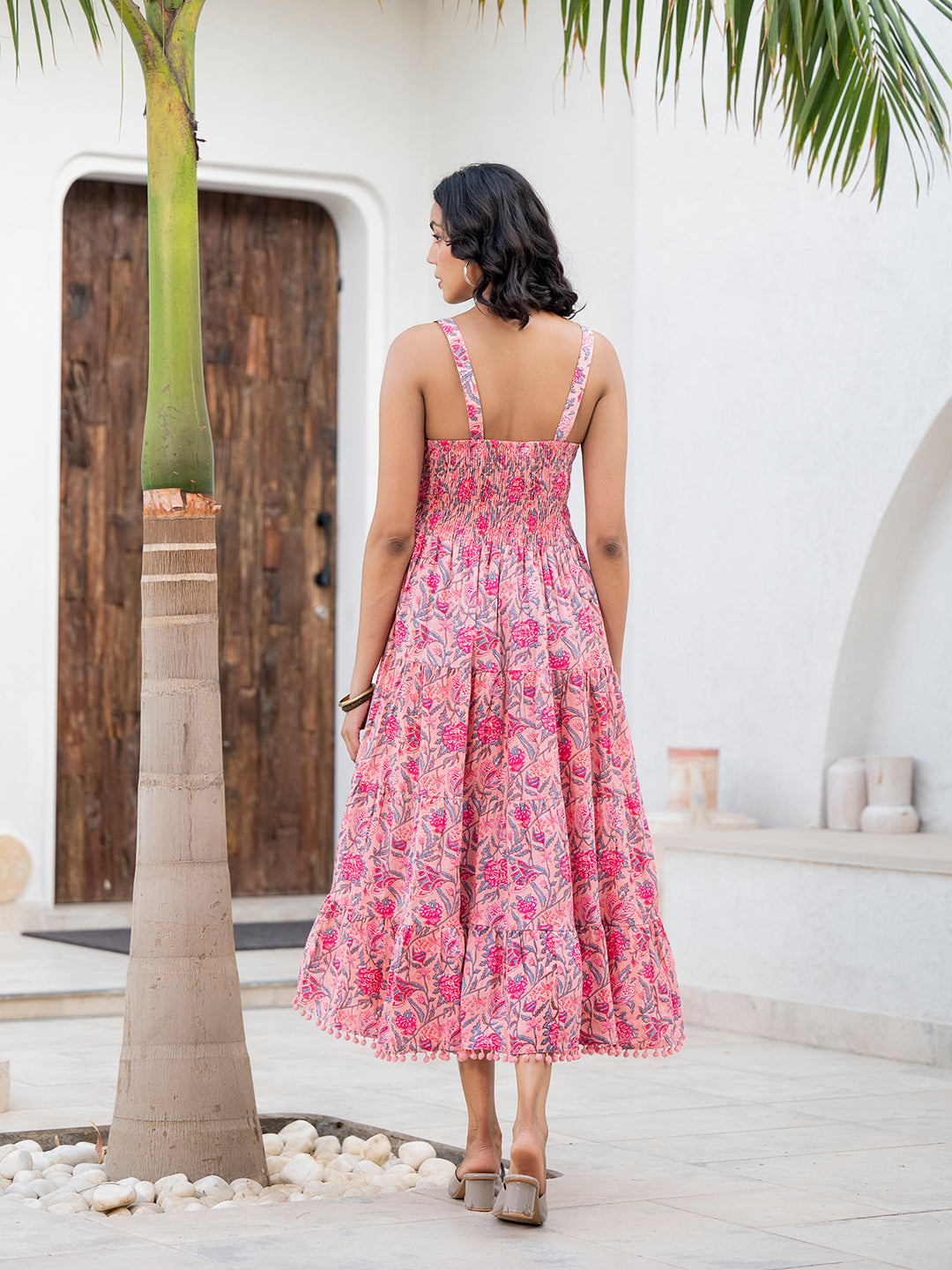 Eshani Pink Floral Printed Shoulder Strip Calf Long Ethnic Dress for Women