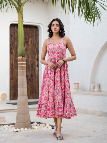 Eshani Pink Floral Printed Shoulder Strip Calf Long Ethnic Dress for Women