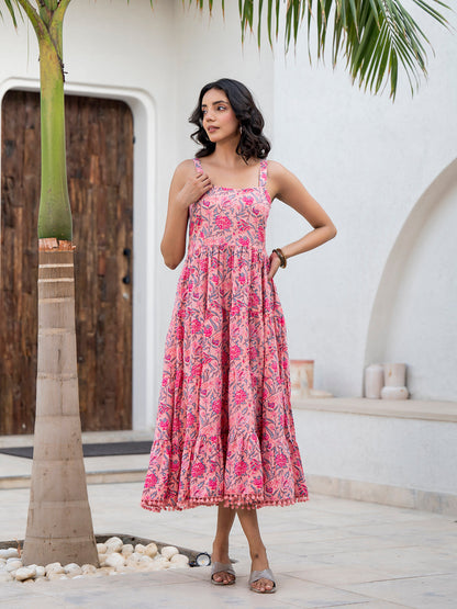 Eshani Pink Floral Printed Shoulder Strip Calf Long Ethnic Dress for Women