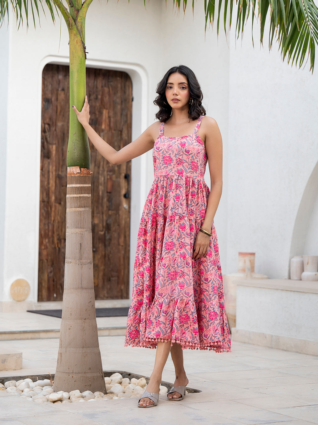 Eshani Pink Floral Printed Shoulder Strip Calf Long Ethnic Dress for Women