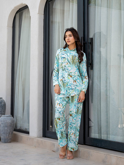 Eshani Sky Blue Floral Printed Rayon Co-ord Set