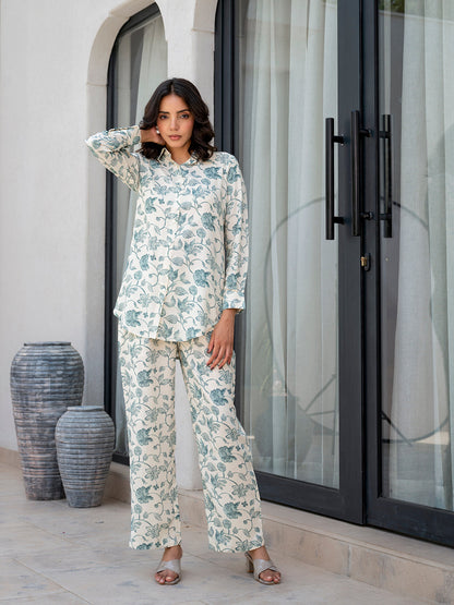 Eshani White & Green Floral Printed Rayon Co-ord Set