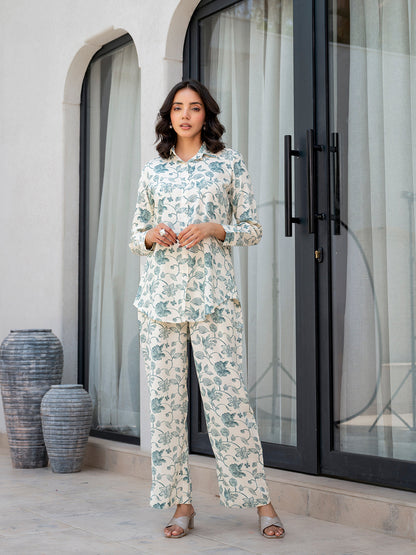 Eshani White & Green Floral Printed Rayon Co-ord Set