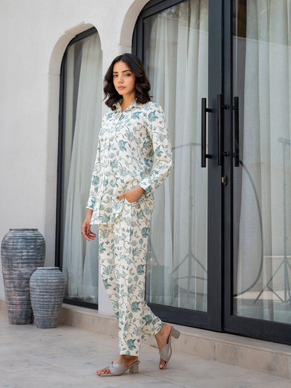 Eshani White & Green Floral Printed Rayon Co-ord Set