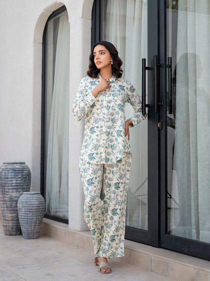 Eshani White & Green Floral Printed Rayon Co-ord Set