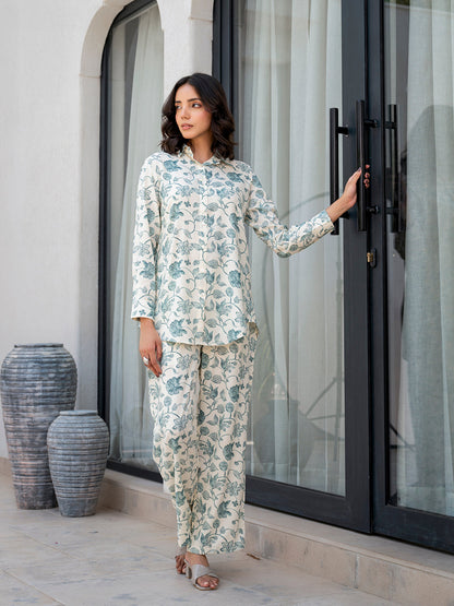 Eshani White & Green Floral Printed Rayon Co-ord Set