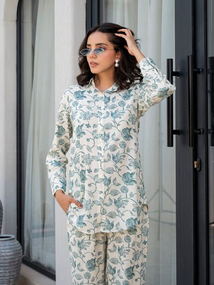 Eshani White & Green Floral Printed Rayon Co-ord Set