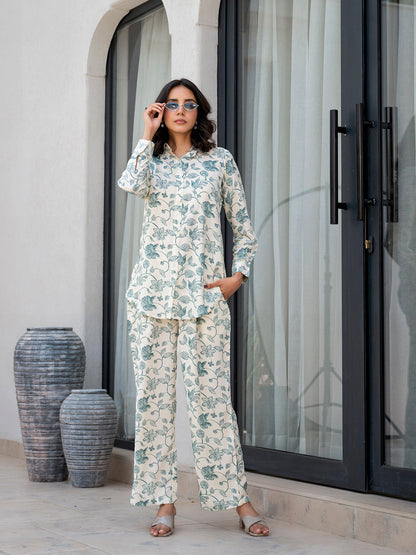 Eshani White & Green Floral Printed Rayon Co-ord Set