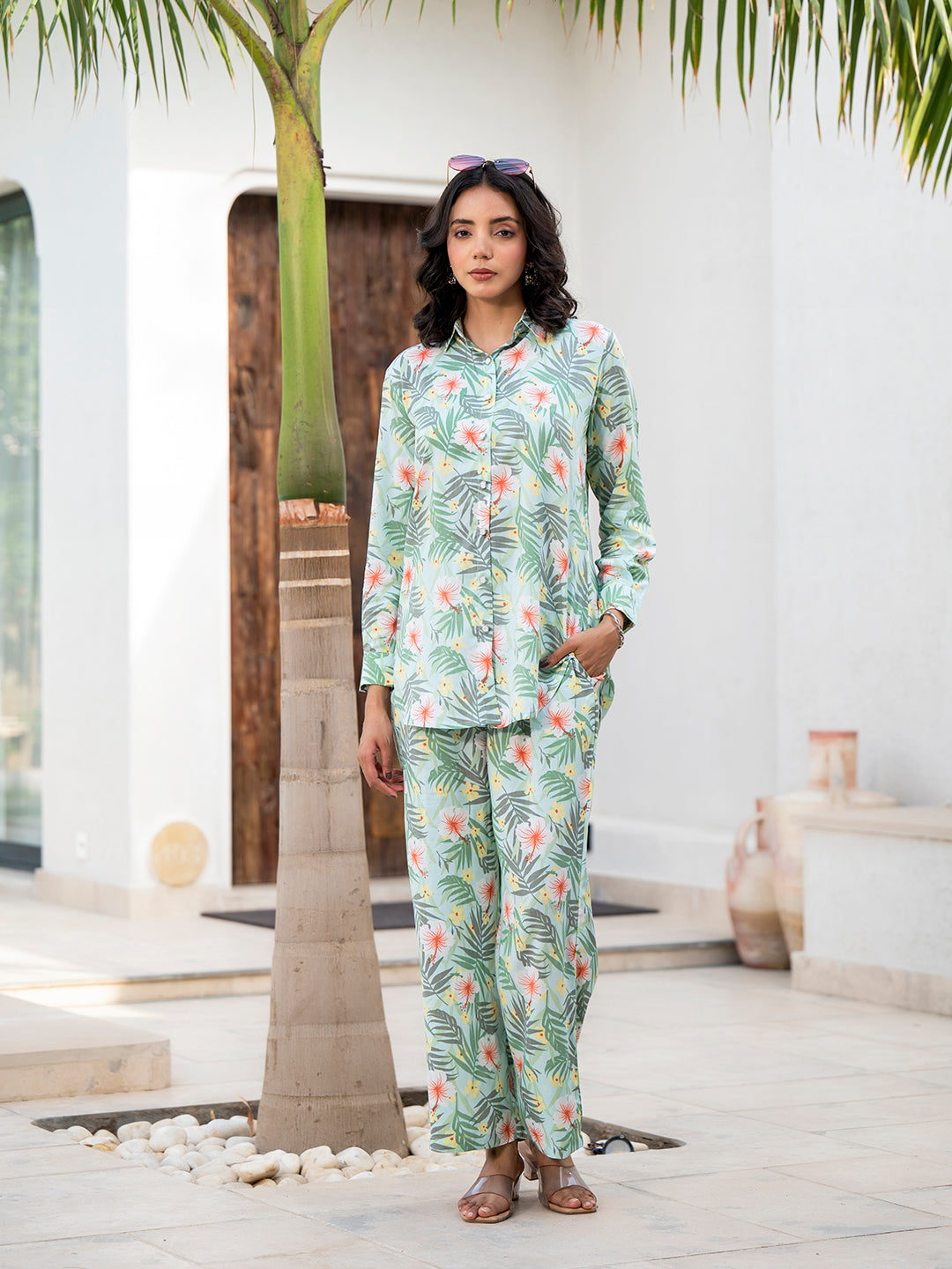 Eshani Sky Blue Floral Printed Rayon Co-ord Set