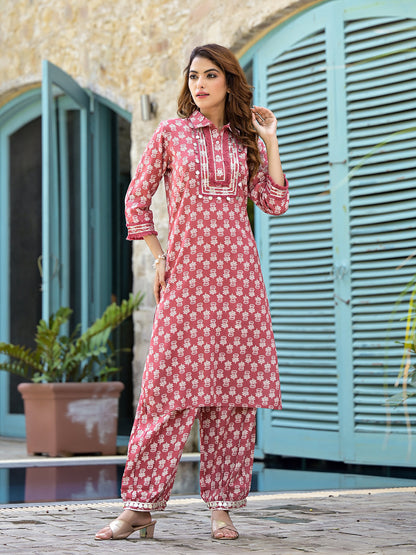 Eshani Peach Cotton Straight Knee Long Co-Ord Set or Pathani Suit