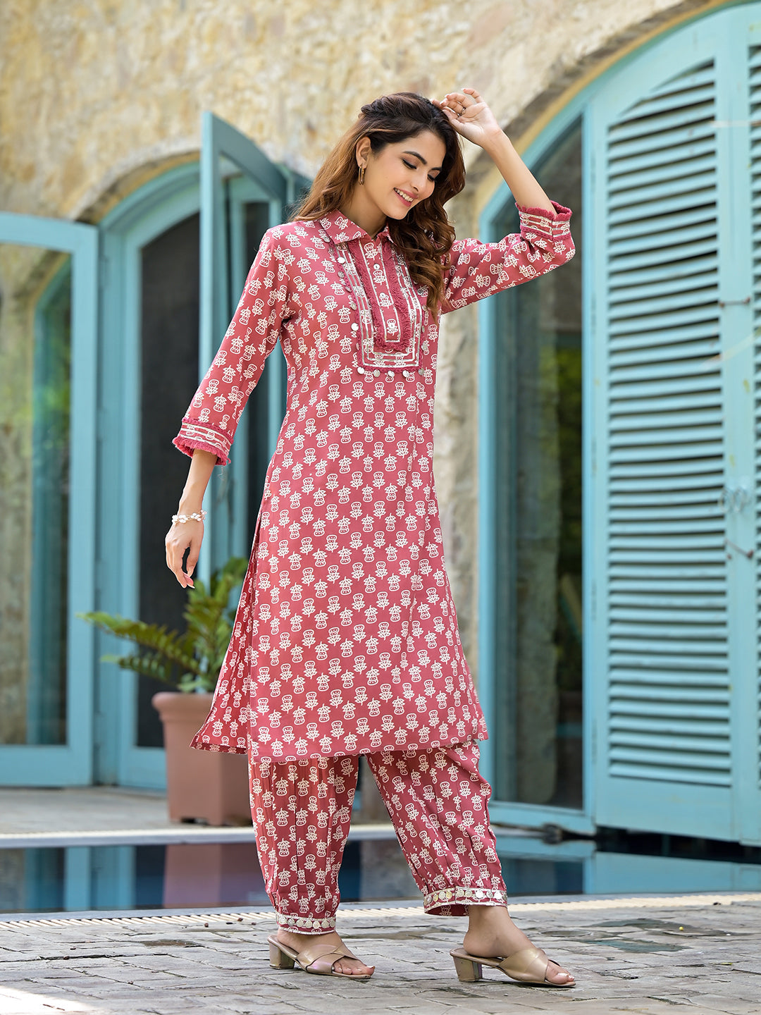 Eshani Peach Cotton Straight Knee Long Co-Ord Set or Pathani Suit