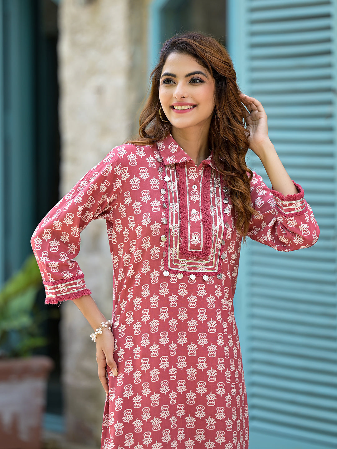 Eshani Peach Cotton Straight Knee Long Co-Ord Set or Pathani Suit