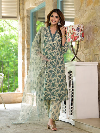 Eshani Bottle Green Floral Print Cotton Kurta Set for Women