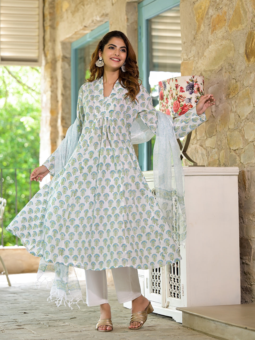 Eshani White & Green Floral Handblock Printed Cotton Anarkali  Kurta Set