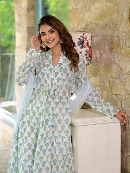 Eshani White & Green Floral Handblock Printed Cotton Anarkali  Kurta Set