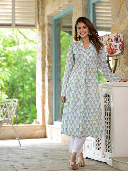 Eshani White & Green Floral Handblock Printed Cotton Anarkali  Kurta Set