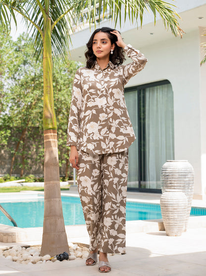 Eshani Brown & White Floral Printed Rayon Co-ord Set