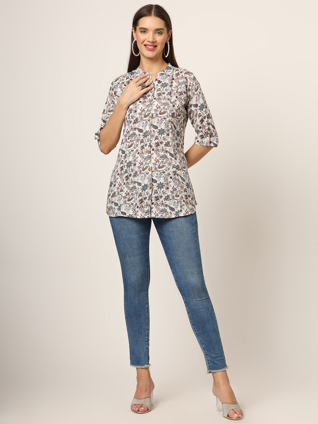 ESHANI White & Brown Printed Rayon Fabric Shirt Style Top
