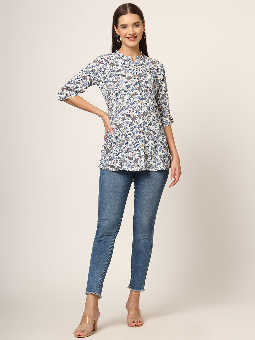 ESHANI Blue Printed Rayon Fabric Shirt Style Top