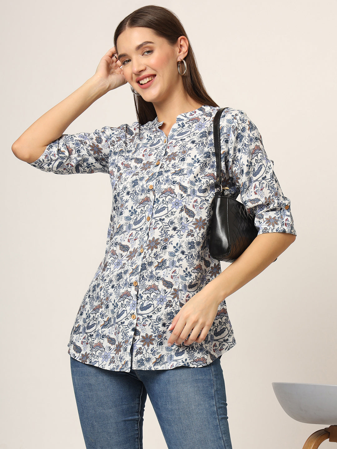 ESHANI Blue Printed Rayon Fabric Shirt Style Top