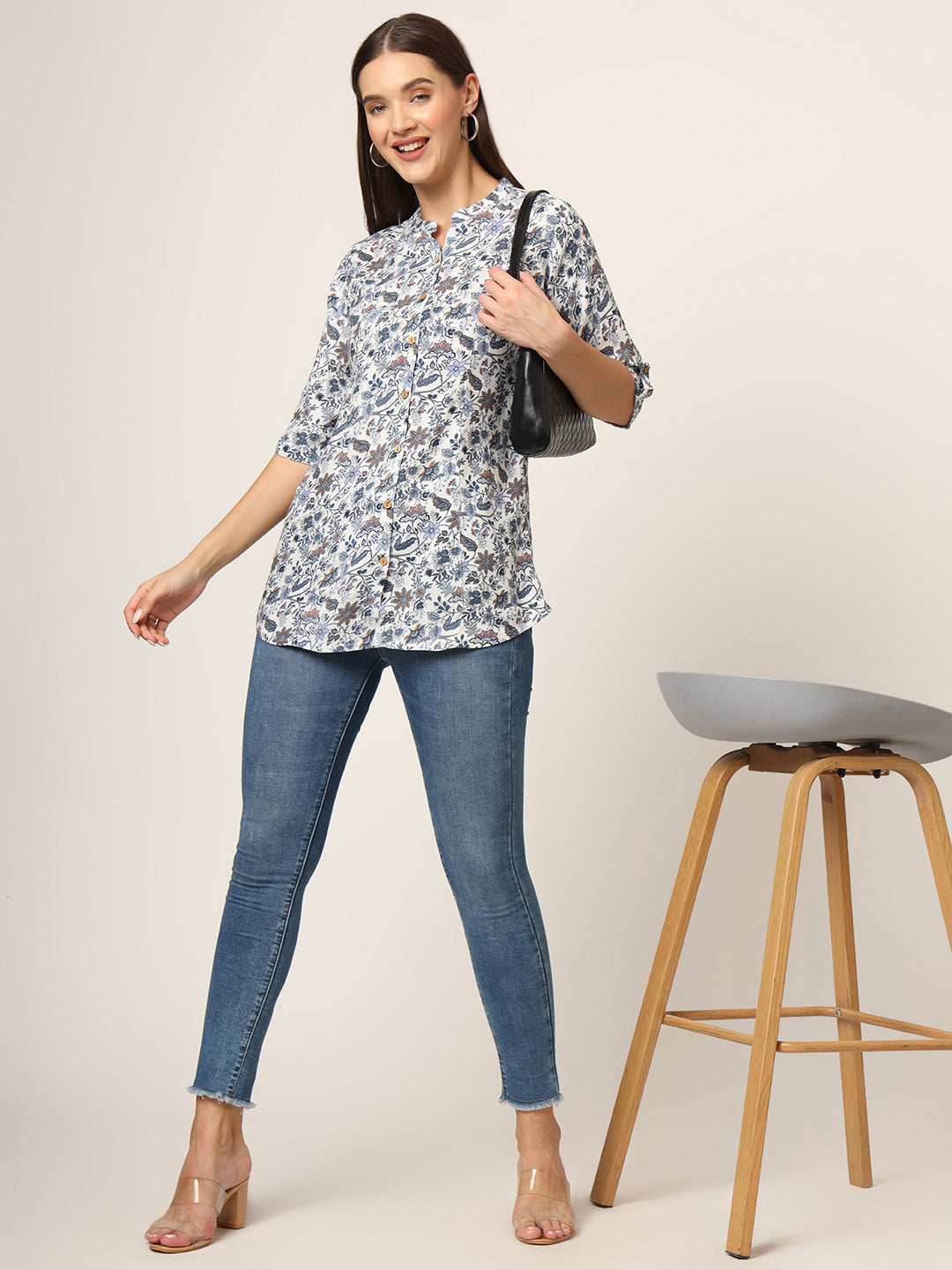 ESHANI Blue Printed Rayon Fabric Shirt Style Top