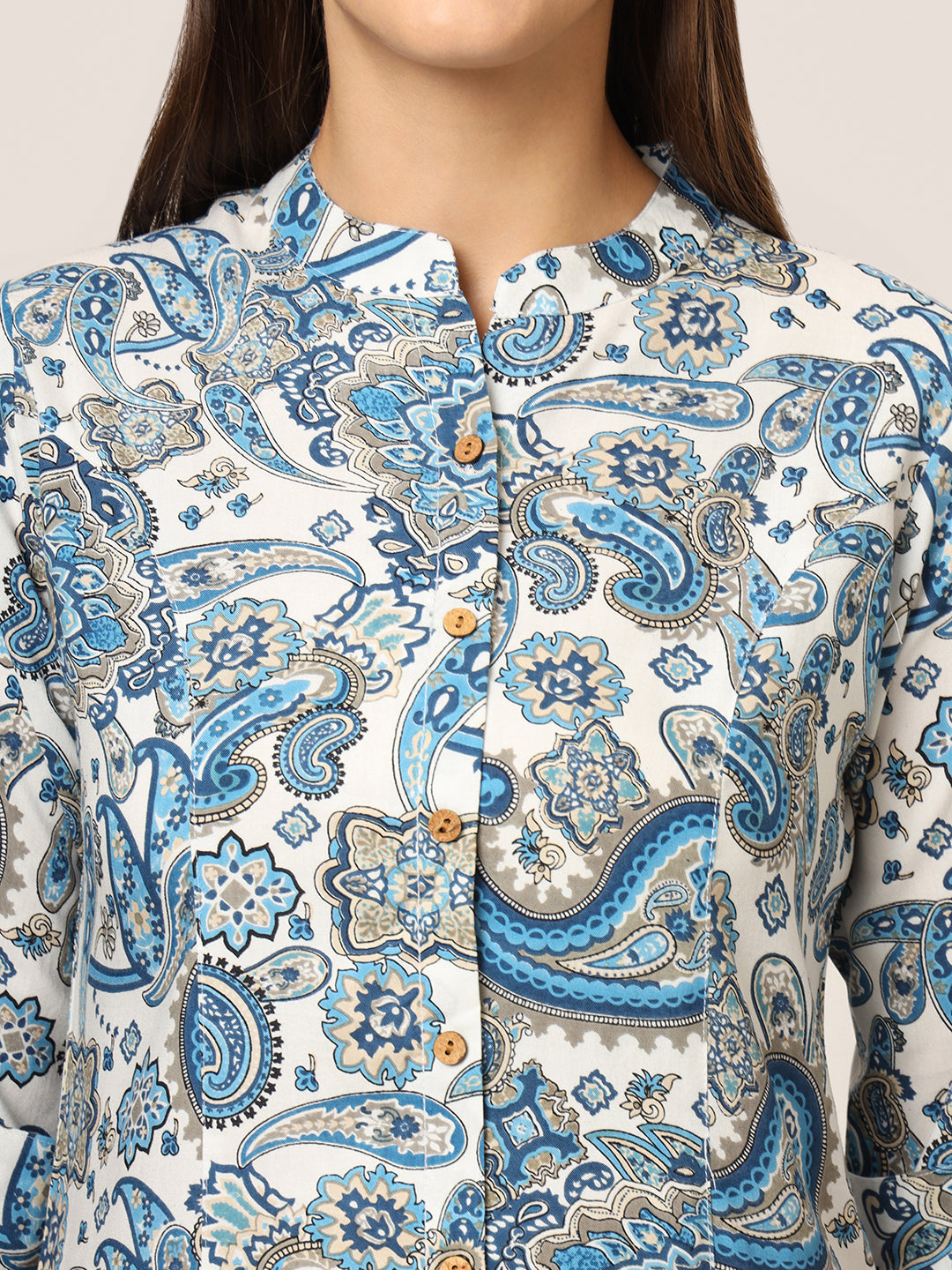 ESHANI White & Blue Printed Rayon Fabric Shirt Style Top