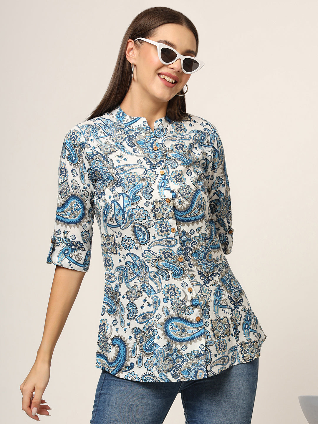 ESHANI White & Blue Printed Rayon Fabric Shirt Style Top