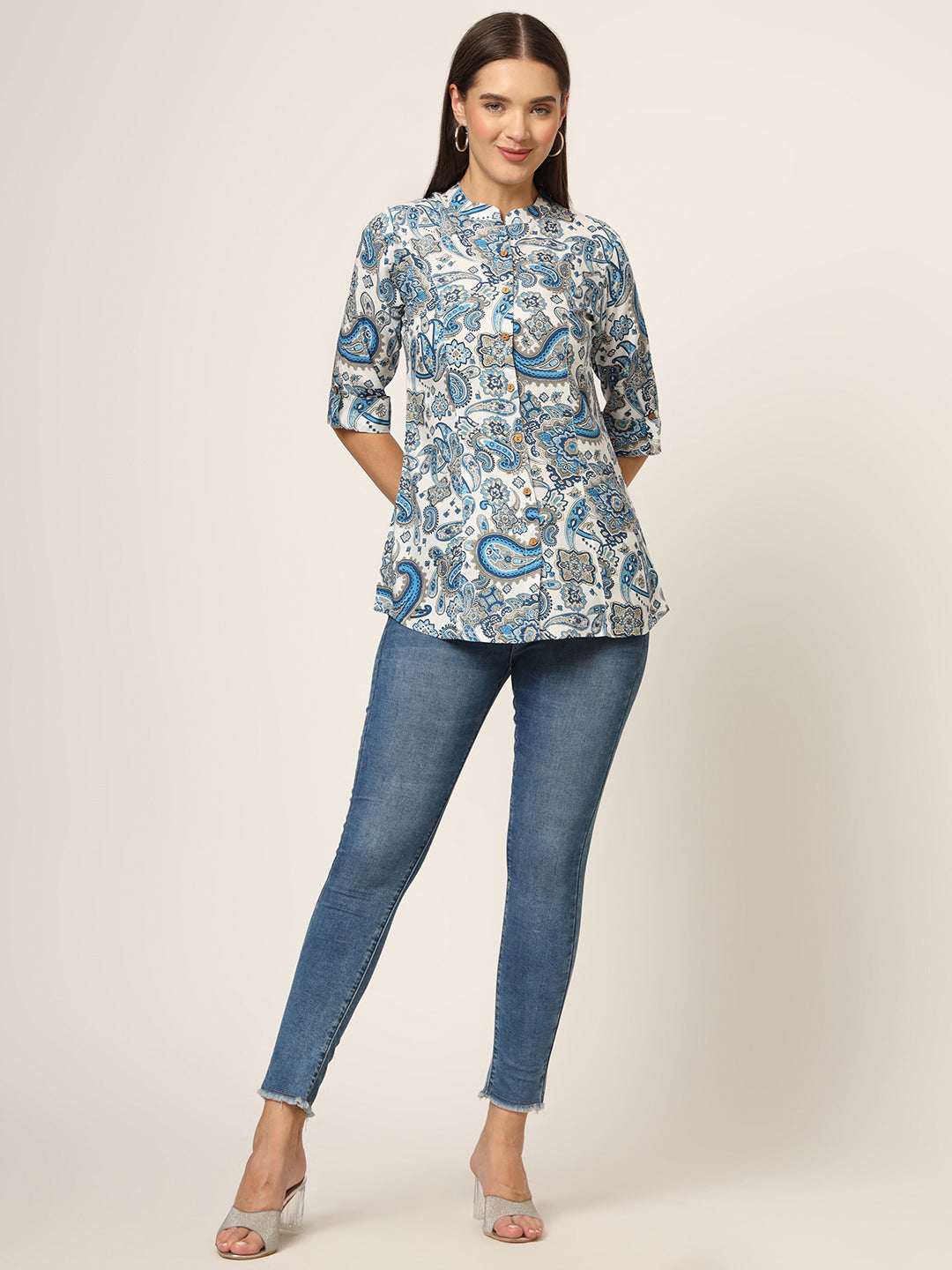 ESHANI White & Blue Printed Rayon Fabric Shirt Style Top