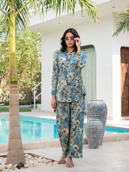 Eshani Blue Floral Printed Rayon Co-ord Set