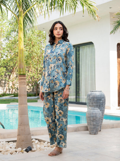 Eshani Blue Floral Printed Rayon Co-ord Set