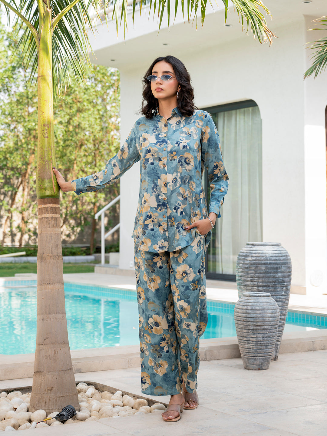 Eshani Blue Floral Printed Rayon Co-ord Set