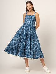 ESHANI Sky Blue Printed Cotton Fabric Fit & Flare Dress