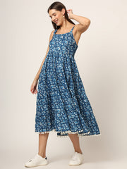 ESHANI Sky Blue Printed Cotton Fabric Fit & Flare Dress