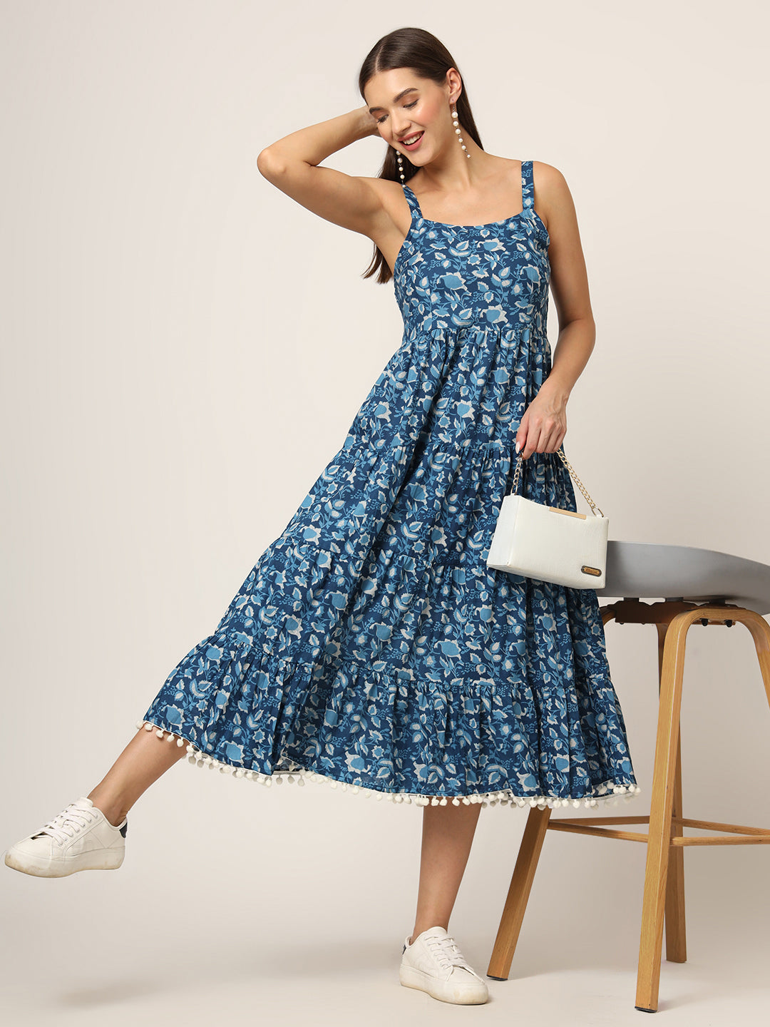 ESHANI Sky Blue Printed Cotton Fabric Fit & Flare Dress