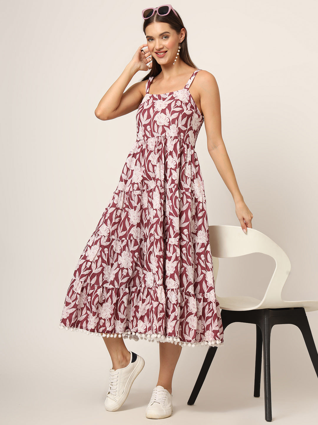 ESHANI Burgundy Printed Cotton Fabric Fit & Flare Dress