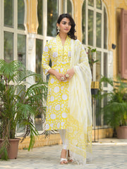 Eshani Yellow Hand Block Print Pure Cotton Straight Kurta Set