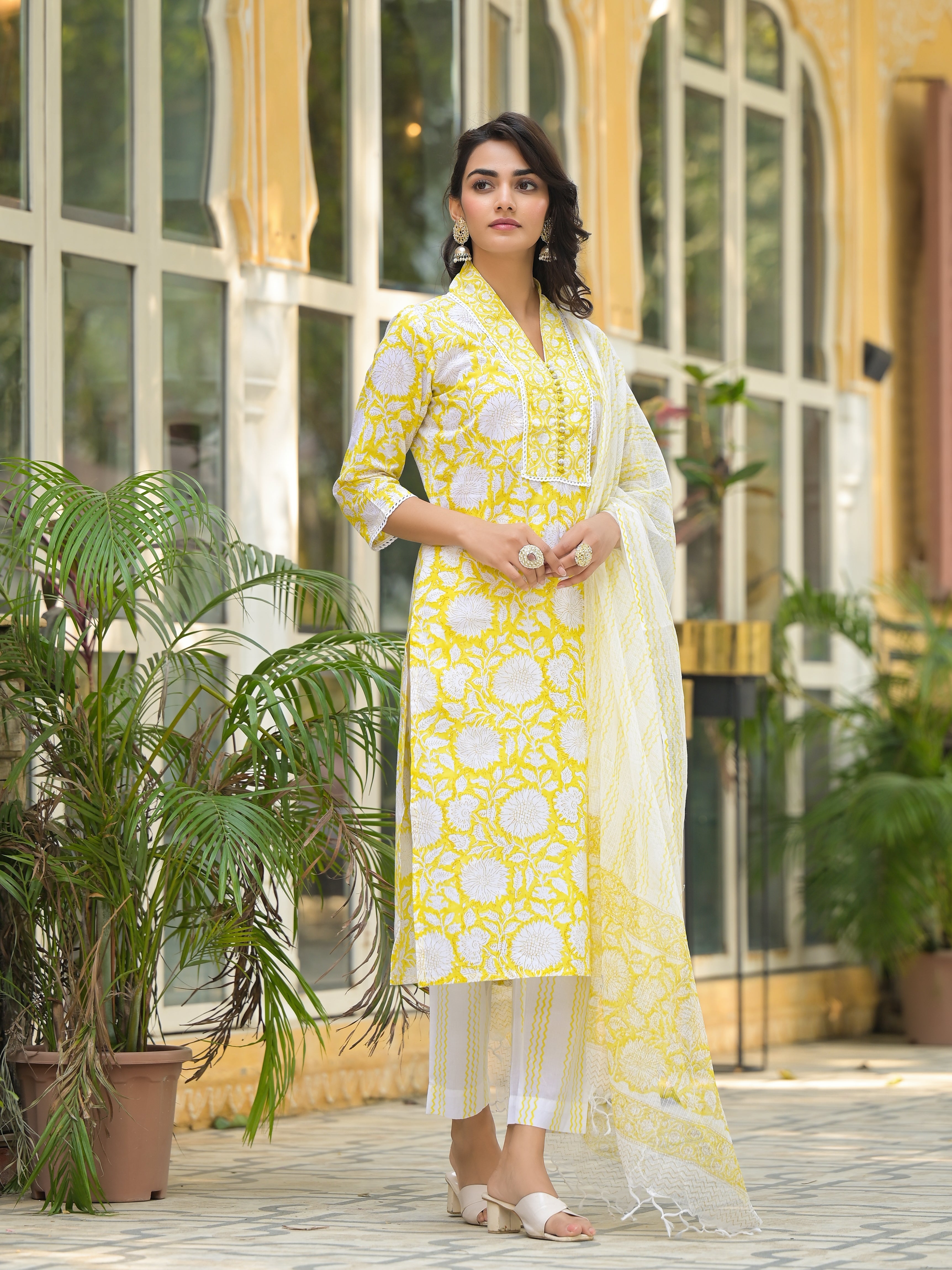 Eshani Yellow Hand Block Print Pure Cotton Straight Kurta Set