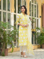 Eshani Yellow Hand Block Print Pure Cotton Straight Kurta Set