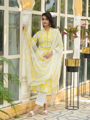 Eshani Yellow Hand Block Print Pure Cotton Straight Kurta Set
