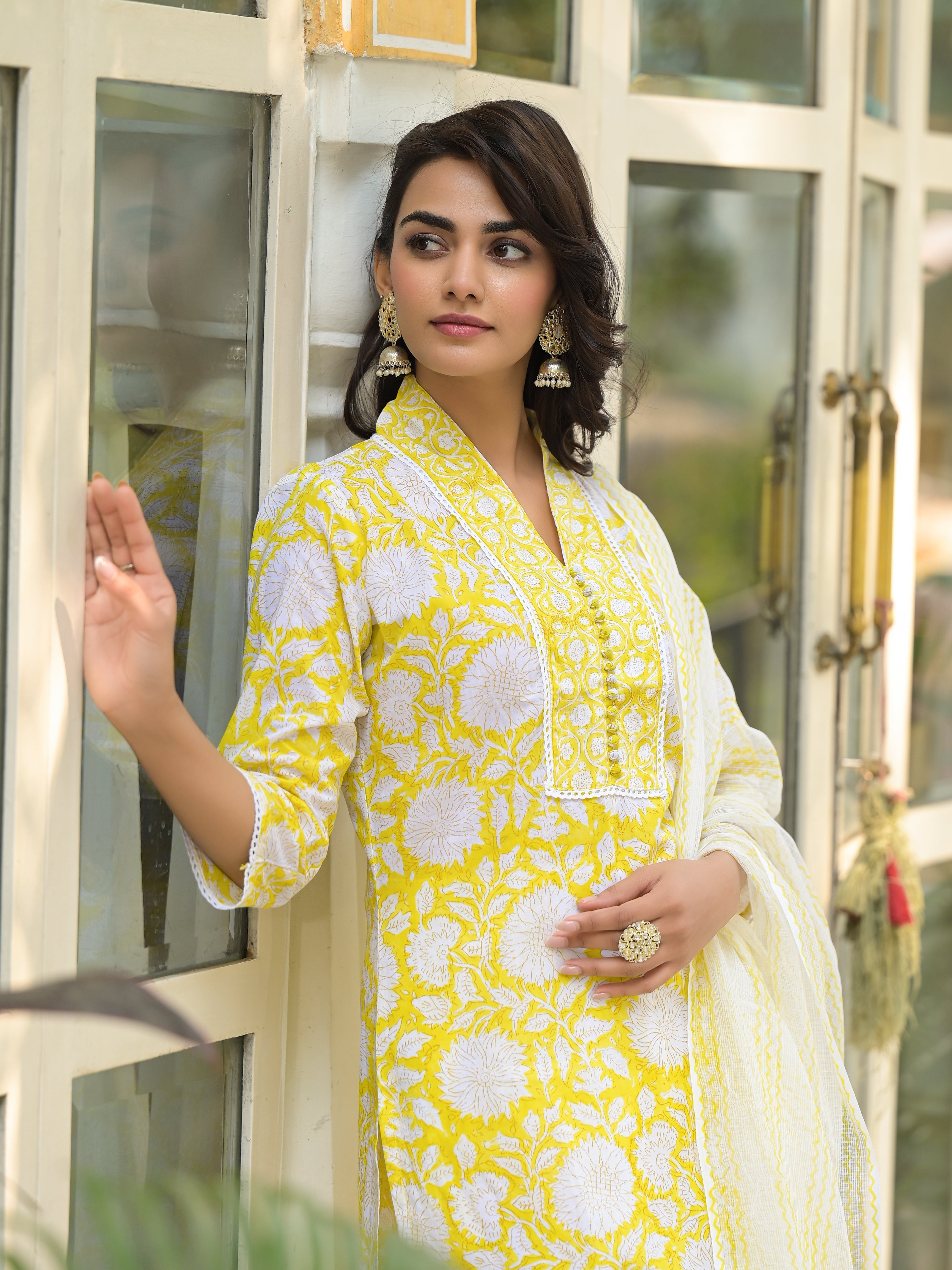 Eshani Yellow Hand Block Print Pure Cotton Straight Kurta Set