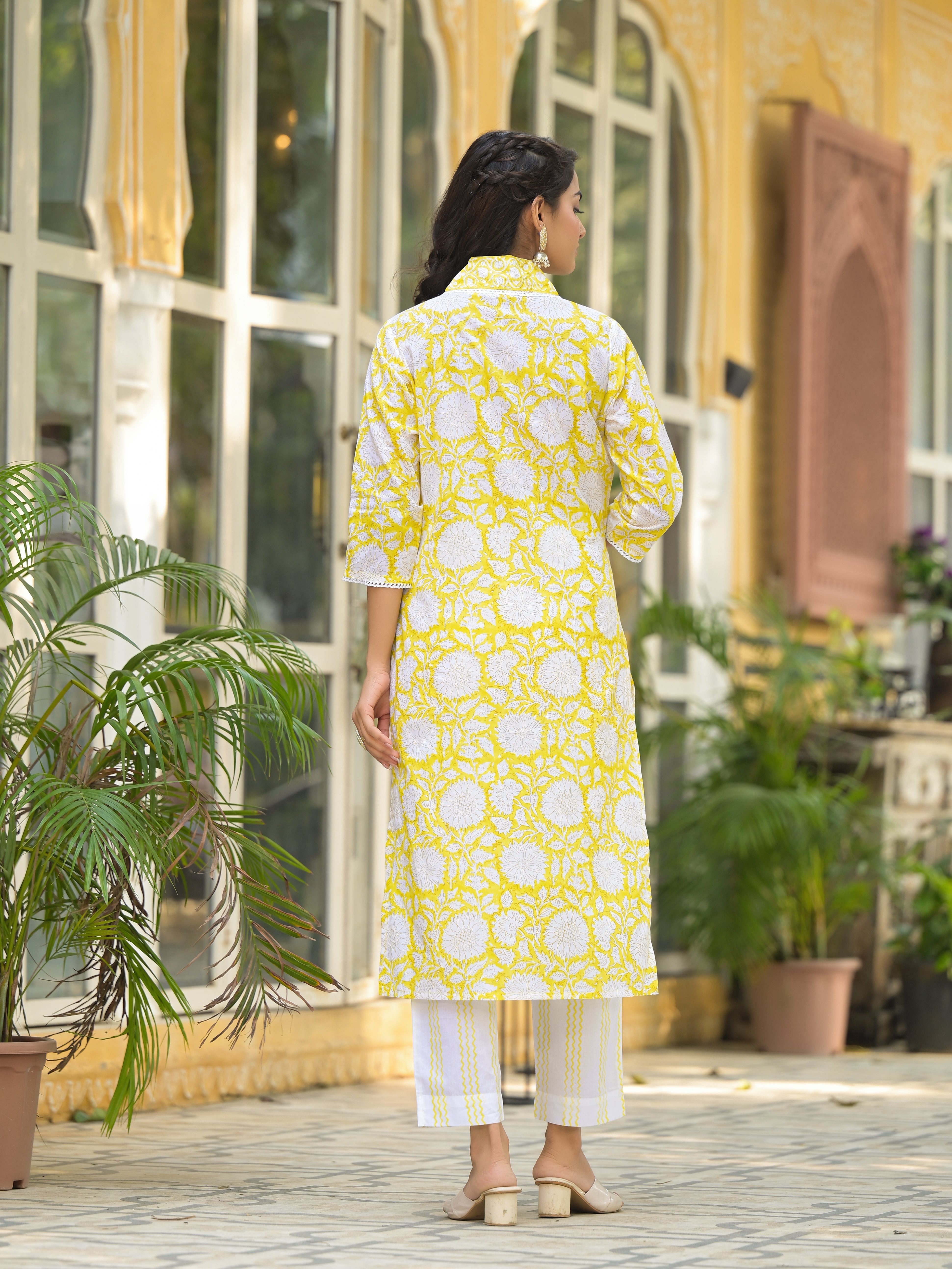 Eshani Yellow Hand Block Print Pure Cotton Straight Kurta Set