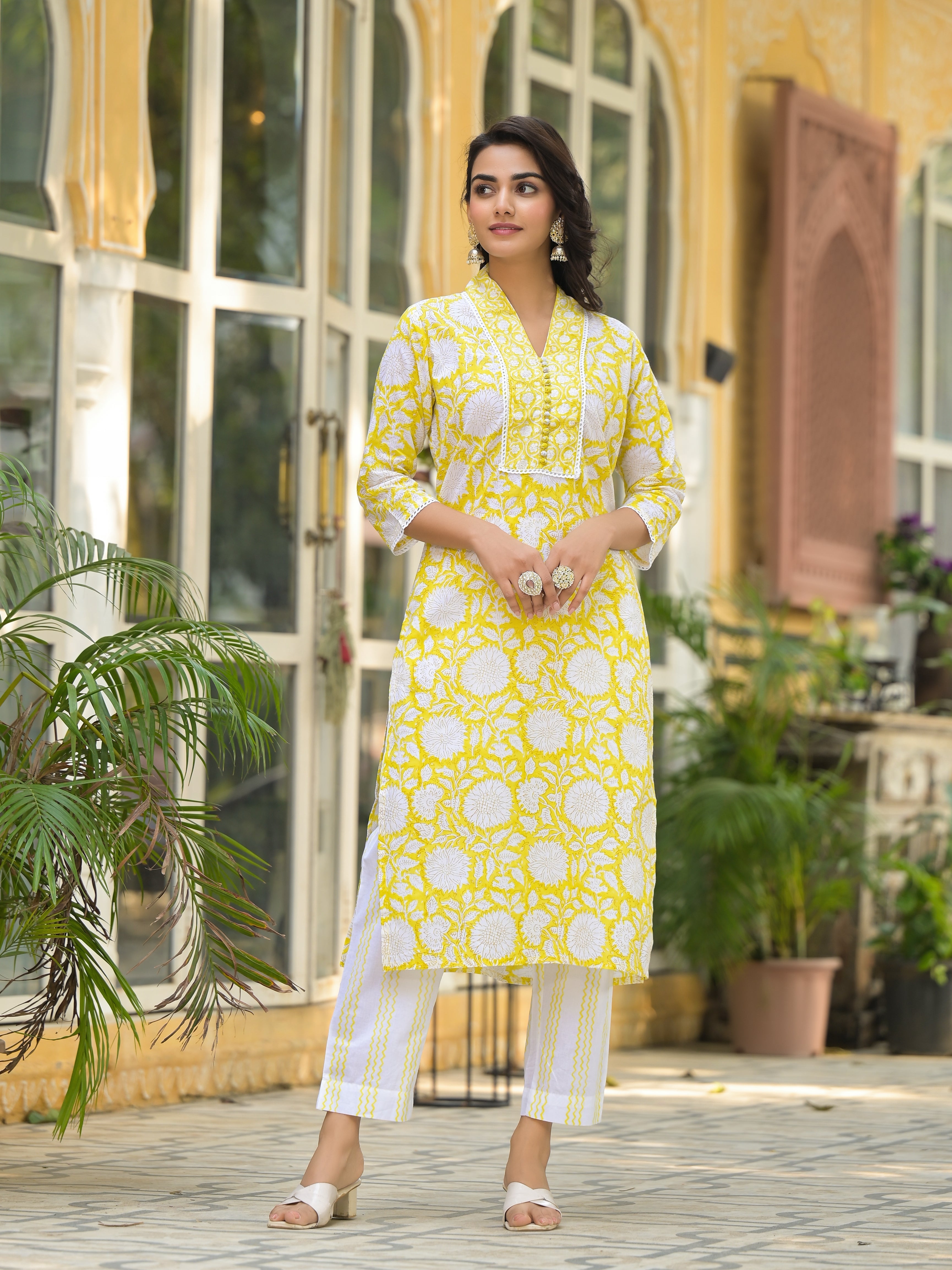 Eshani Yellow Hand Block Print Pure Cotton Straight Kurta Set